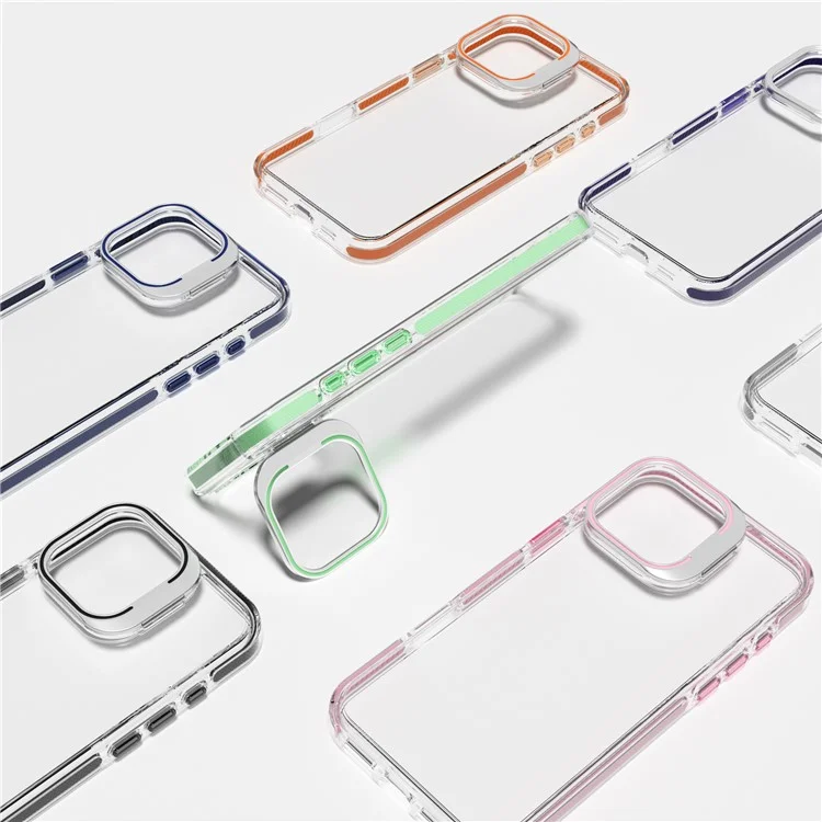 J2 Series For iPhone 16 Pro Case Transparent Back PC+TPU Phone Cover Lens Frame Kickstand - Orange
