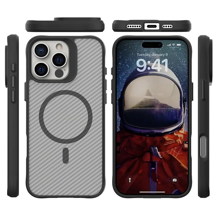 Für iPhone 16 Pro Case Carbon Fiber Texture TPU+PC Magnetische Handyhülle - Schwarz