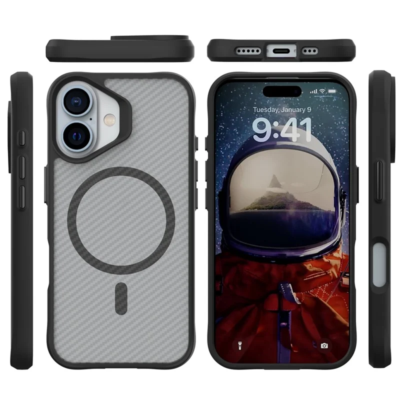 For iPhone 16 Magnetic Case Carbon Fiber Texture TPU+PC Phone Cover Compatible with MagSafe - Black