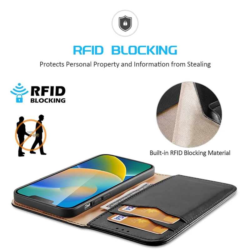 DUX DUCIS Hivo Series pour iPhone 14 Coque de téléphone portefeuille antichoc Conception de blocage RFID Véritable cuir Folio Flip Cover Stand - Noir