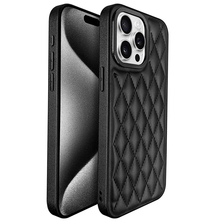 KST DESIGN For iPhone 16 Pro Max Case Stitching Rhombus Leather Phone Back Cover - Black