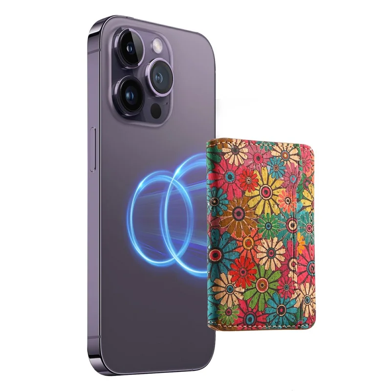 V10 PU Leather Magnetic Card Holder Compatible with MagSafe Flower Print Phone Card Bag - Green