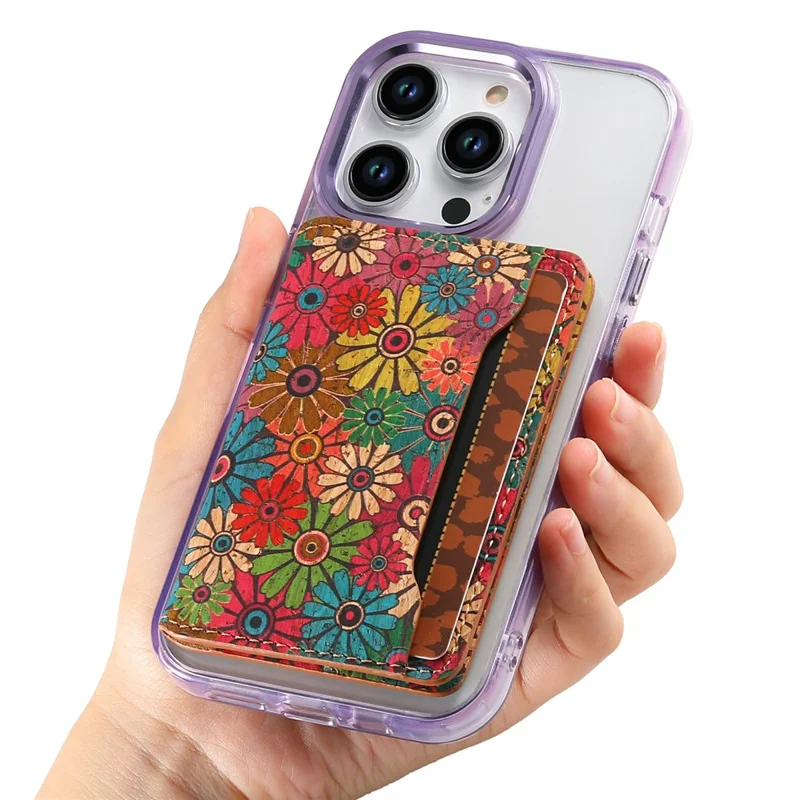 V10 PU Leather Magnetic Card Holder Compatible with MagSafe Flower Print Phone Card Bag - Green