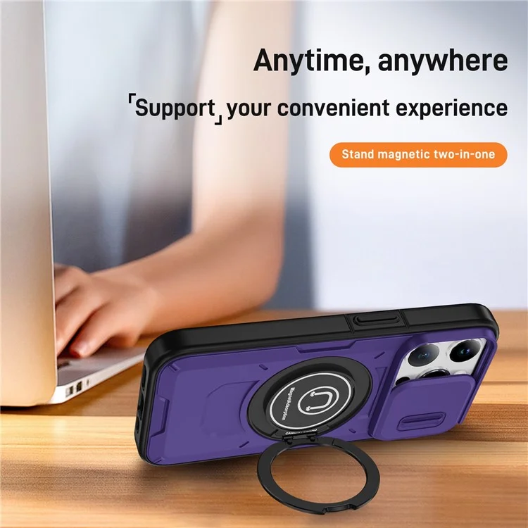 Capa para iPhone 15 Pro Camshield Kickstand TPU+PC Capa de Telefone Suporte para Montagem de Carro Magnético - Roxo Escuro