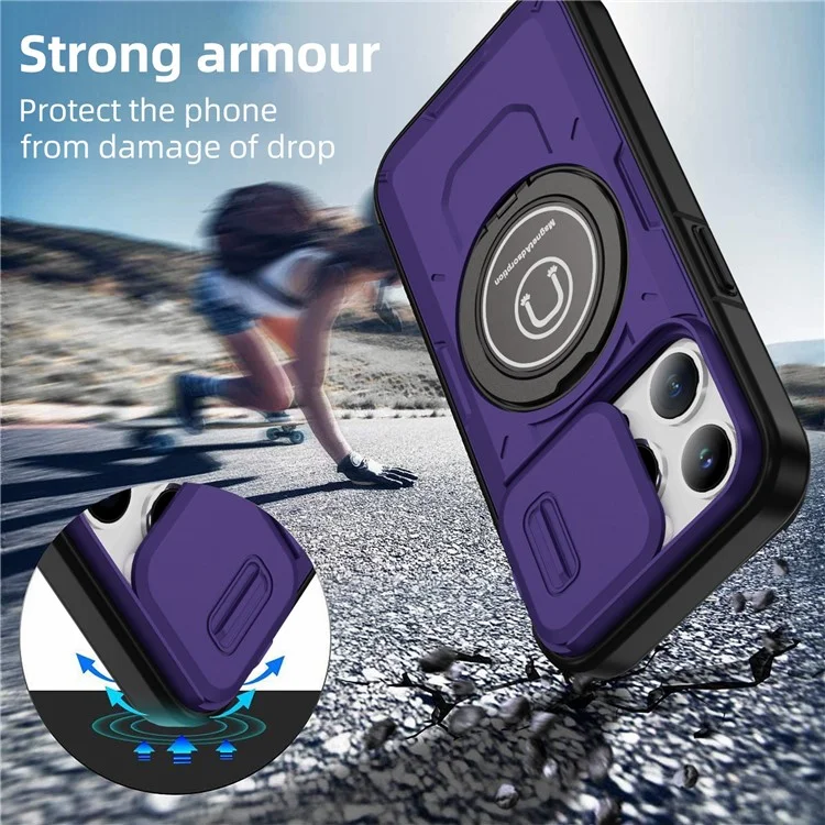Capa para iPhone 15 Pro Camshield Kickstand TPU+PC Capa de Telefone Suporte para Montagem de Carro Magnético - Roxo Escuro