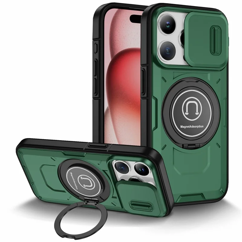For iPhone 15 Pro Max Case TPU+PC Ring Kickstand Phone Cover with Slide Lens Shield - Midnight Green