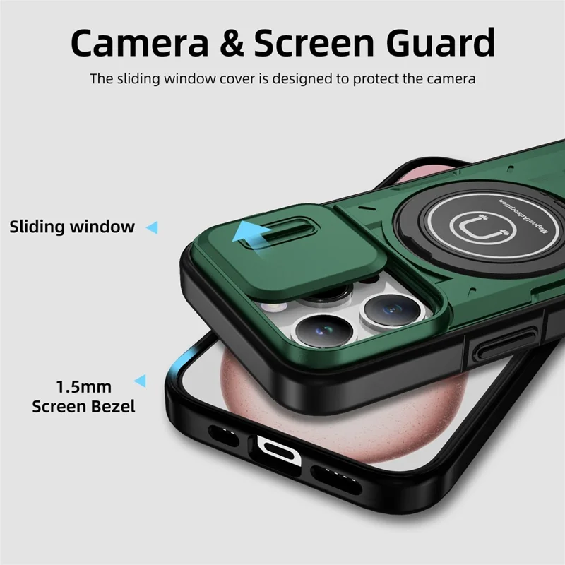 For iPhone 15 Pro Max Case TPU+PC Ring Kickstand Phone Cover with Slide Lens Shield - Midnight Green