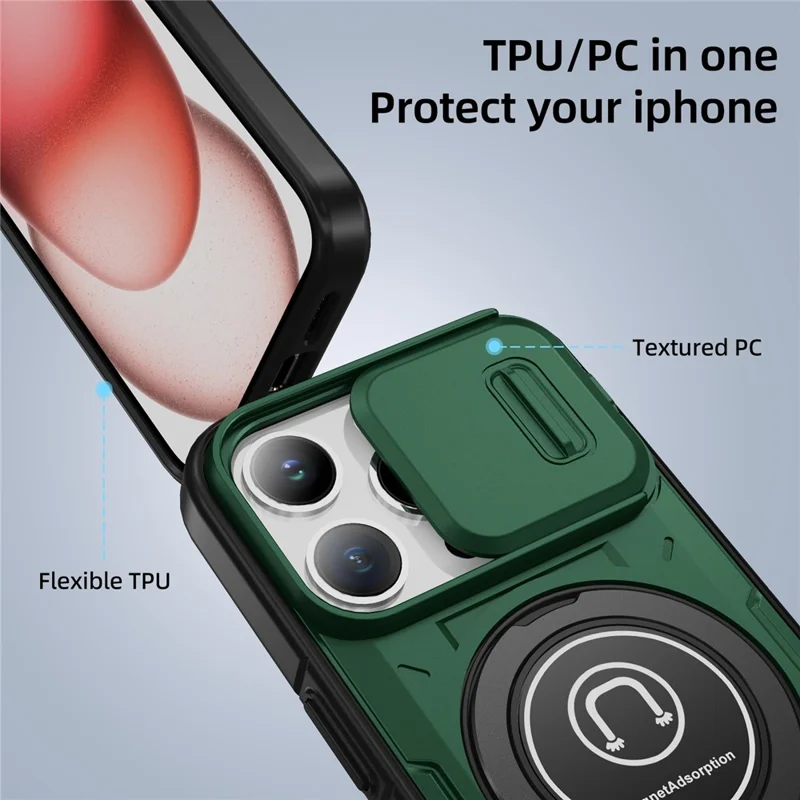 For iPhone 15 Pro Max Case TPU+PC Ring Kickstand Phone Cover with Slide Lens Shield - Midnight Green