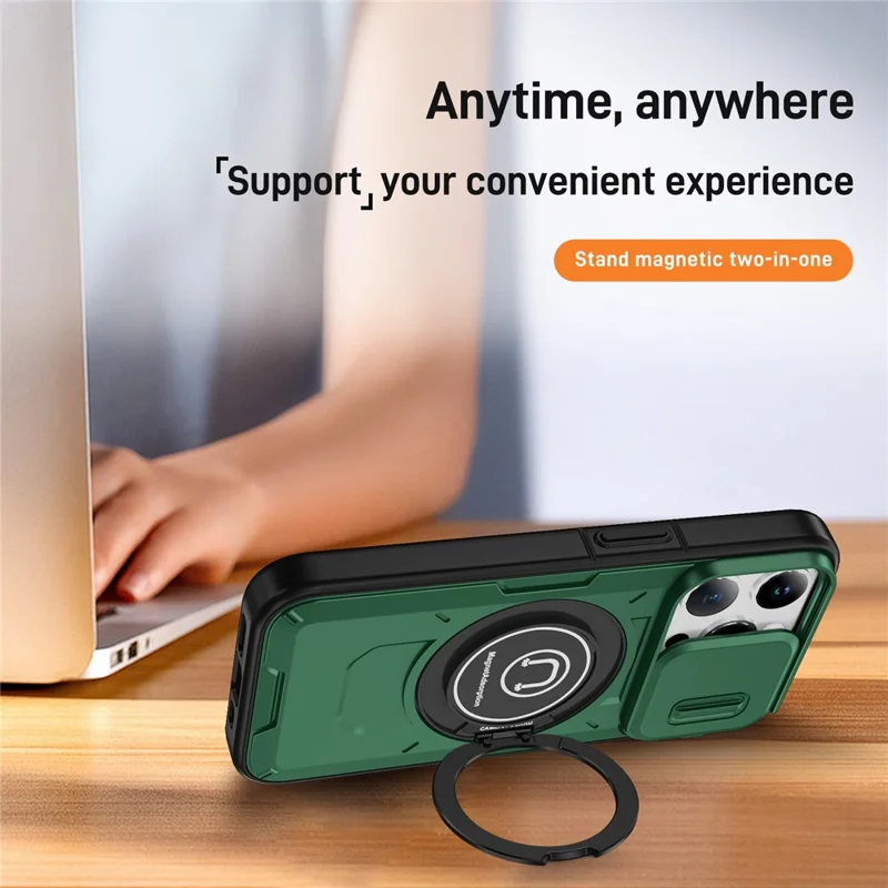For iPhone 15 Pro Max Case TPU+PC Ring Kickstand Phone Cover with Slide Lens Shield - Midnight Green