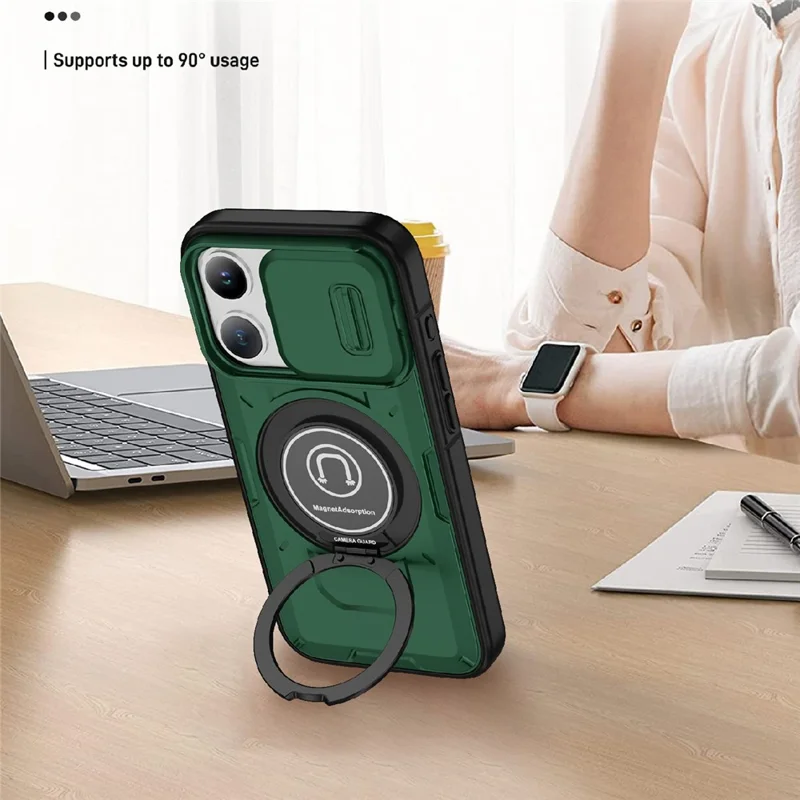For iPhone 15 Pro Max Case TPU+PC Ring Kickstand Phone Cover with Slide Lens Shield - Midnight Green