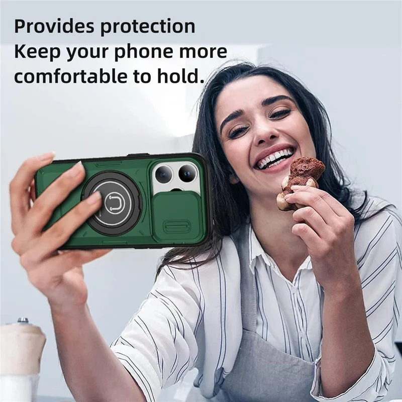 For iPhone 15 Pro Max Case TPU+PC Ring Kickstand Phone Cover with Slide Lens Shield - Midnight Green