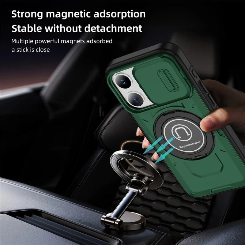 For iPhone 15 Pro Max Case TPU+PC Ring Kickstand Phone Cover with Slide Lens Shield - Midnight Green