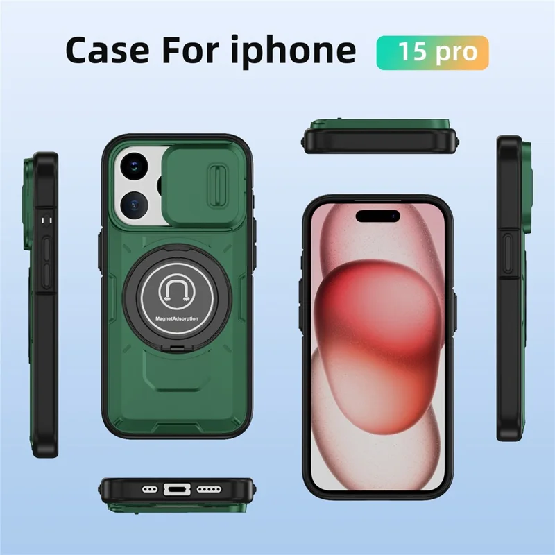 For iPhone 15 Pro Max Case TPU+PC Ring Kickstand Phone Cover with Slide Lens Shield - Midnight Green