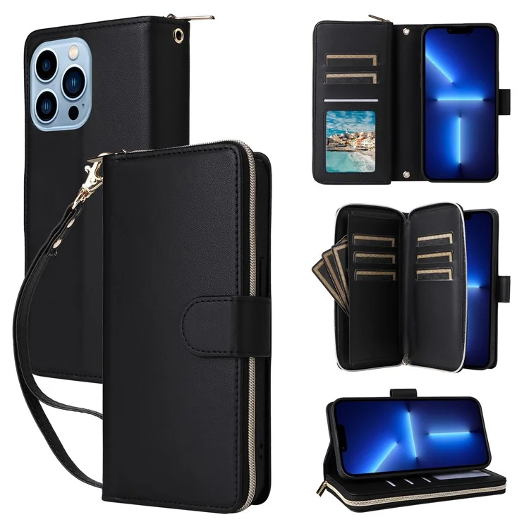 R20 For iPhone 13 Pro Max Case Zipper Wallet Phone Leather Cover with Hand Strap - Black