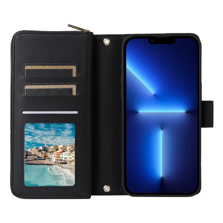R20 For iPhone 13 Pro Max Case Zipper Wallet Phone Leather Cover with Hand Strap - Black