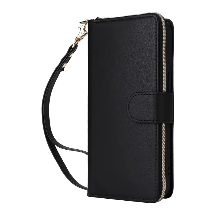 R20 For iPhone 13 Pro Max Case Zipper Wallet Phone Leather Cover with Hand Strap - Black