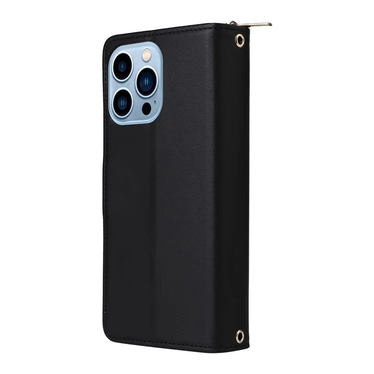 R20 For iPhone 13 Pro Max Case Zipper Wallet Phone Leather Cover with Hand Strap - Black