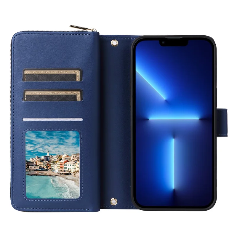 R20 For iPhone 13 Pro Max Case Zipper Wallet Phone Leather Cover with Hand Strap - Blue