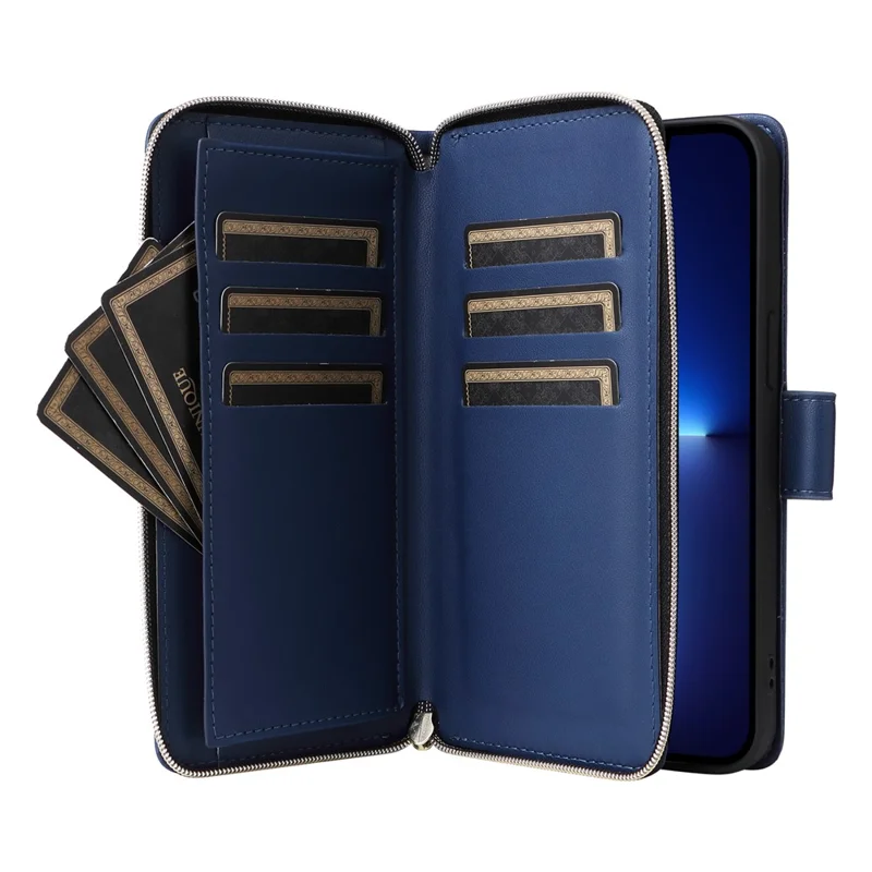 R20 For iPhone 13 Pro Max Case Zipper Wallet Phone Leather Cover with Hand Strap - Blue