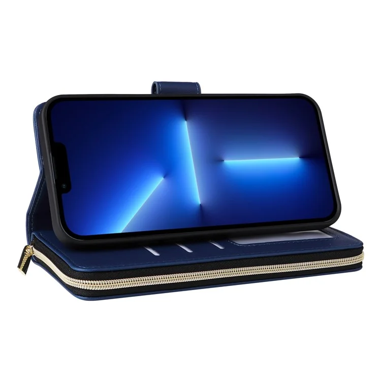 R20 For iPhone 13 Pro Max Case Zipper Wallet Phone Leather Cover with Hand Strap - Blue