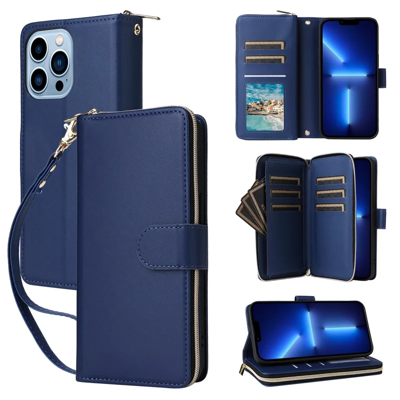 R20 For iPhone 13 Pro Max Case Zipper Wallet Phone Leather Cover with Hand Strap - Blue