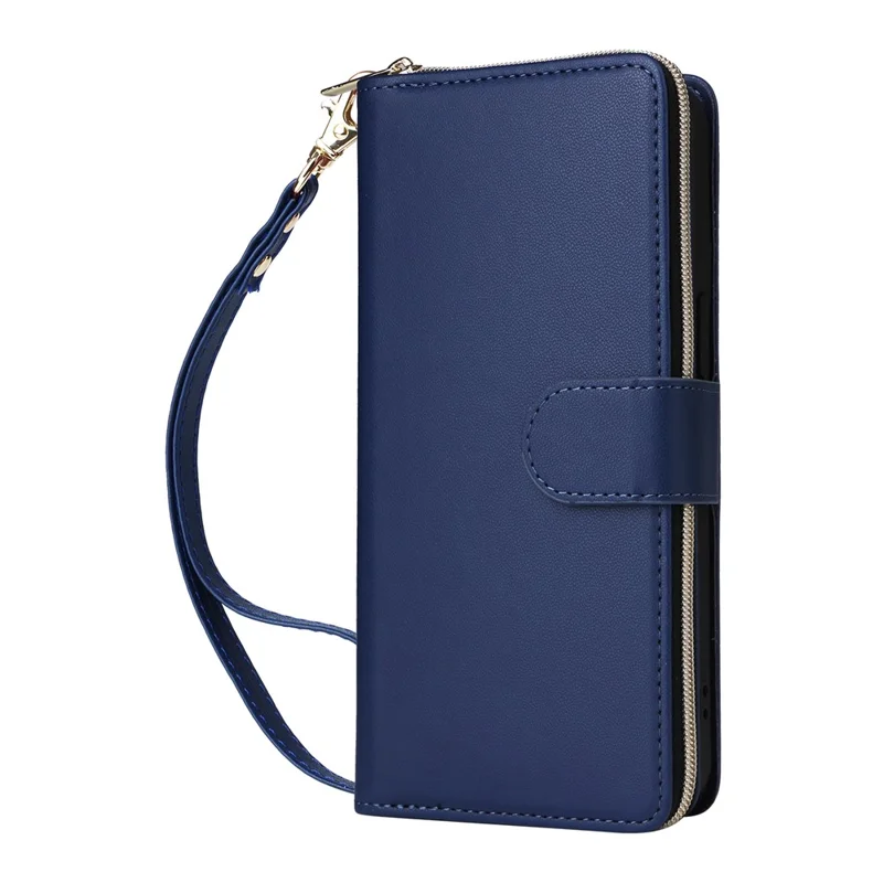 R20 For iPhone 13 Pro Max Case Zipper Wallet Phone Leather Cover with Hand Strap - Blue
