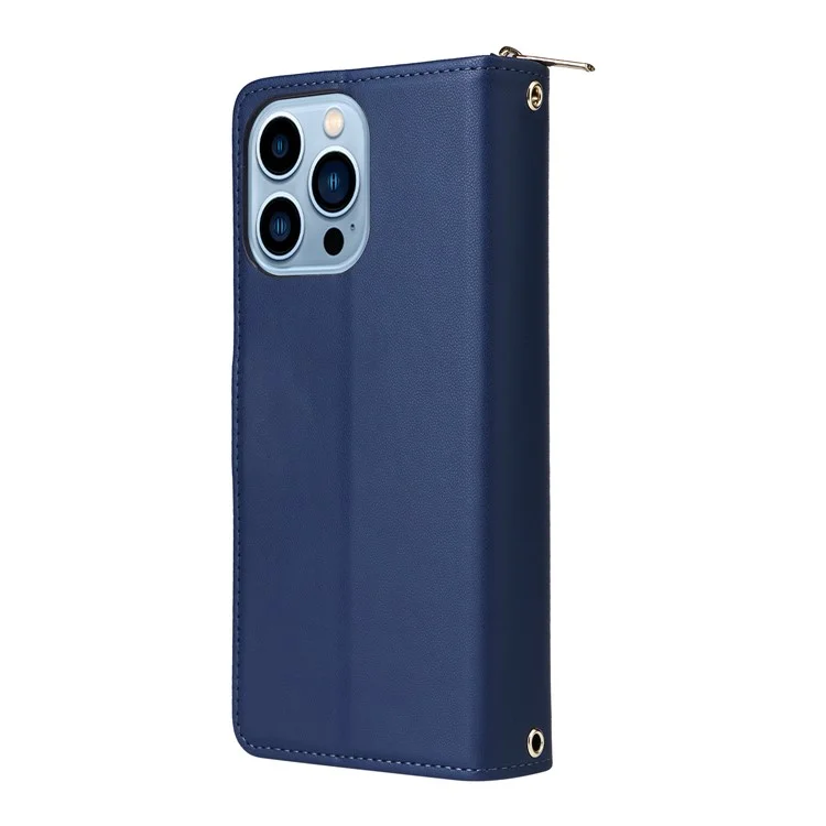 R20 For iPhone 13 Pro Max Case Zipper Wallet Phone Leather Cover with Hand Strap - Blue