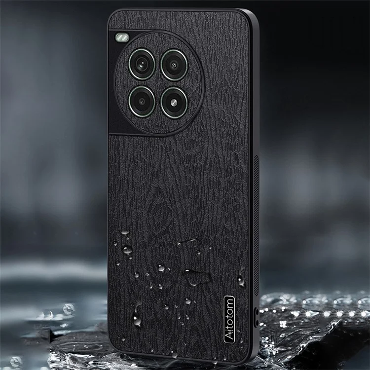 Para OnePlus Ace 3 Pro 5G Case PU Leather+PC+TPU Cover Wood Texture - Black