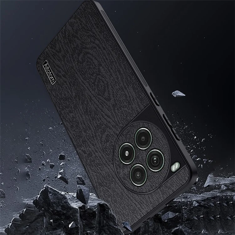 Para OnePlus Ace 3 Pro 5G Case PU Leather+PC+TPU Cover Wood Texture - Black