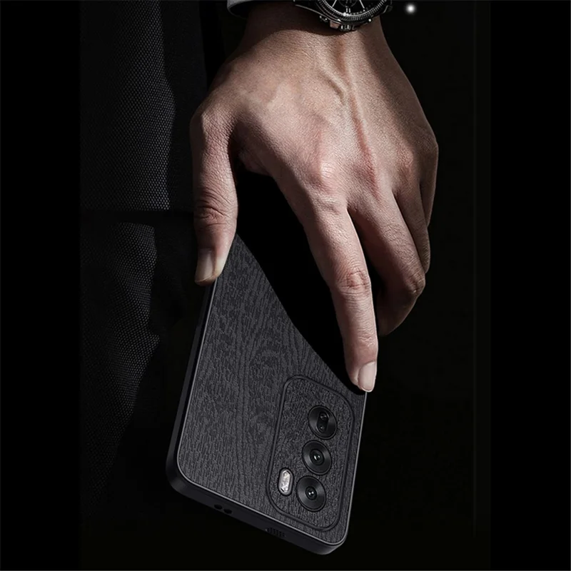 For Oppo Reno12 5G (Global) Case Wood Texture PU Leather Back Phone Cover - Black