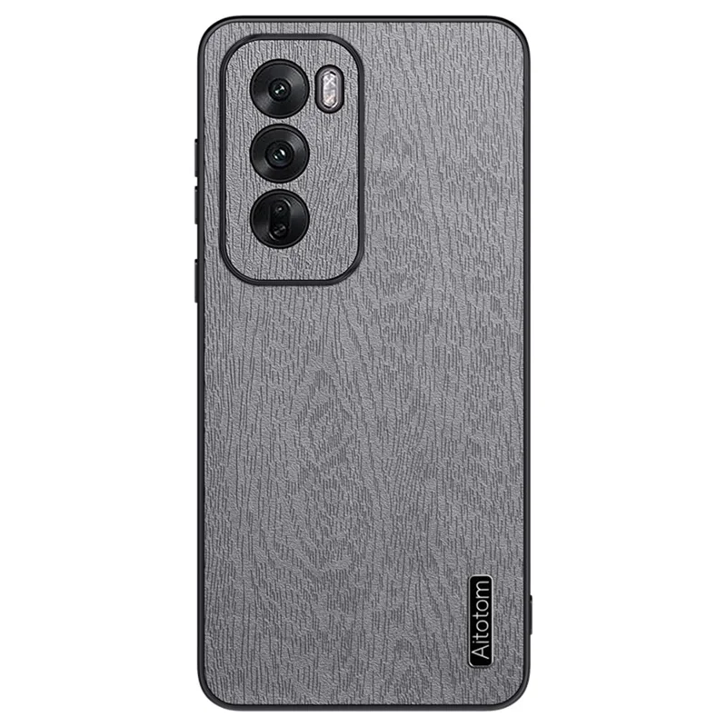 For Oppo Reno12 5G (Global) Case Wood Texture PU Leather Back Phone Cover - Grey
