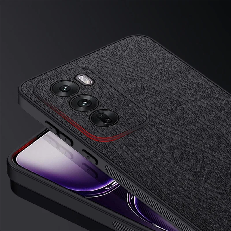 For Oppo Reno12 Pro 5G (Global) Case Wood Texture PU Leather Coating Hybrid Phone Cover - Black