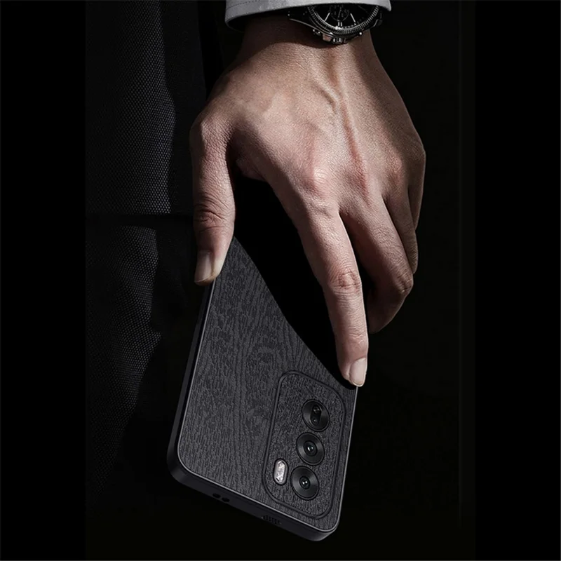 For Oppo Reno12 Pro 5G (Global) Case Wood Texture PU Leather Coating Hybrid Phone Cover - Black