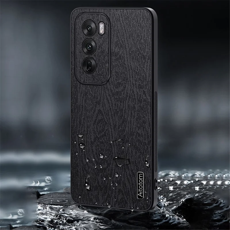 For Oppo Reno12 Pro 5G (Global) Case Wood Texture PU Leather Coating Hybrid Phone Cover - Black
