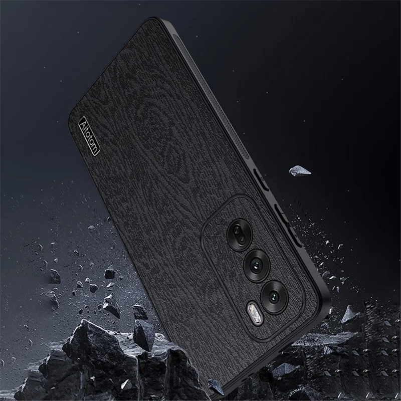 For Oppo Reno12 Pro 5G (Global) Case Wood Texture PU Leather Coating Hybrid Phone Cover - Black