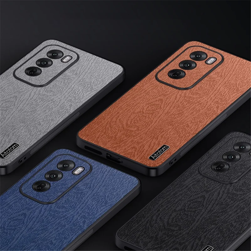 For Oppo Reno12 Pro 5G (Global) Case Wood Texture PU Leather Coating Hybrid Phone Cover - Black