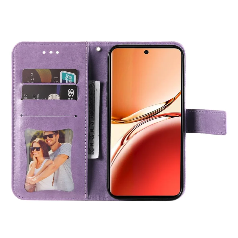 Para o Oppo Reno12 F 5G, Capa de Couro com Flor e Suporte para Carteira - Roxo