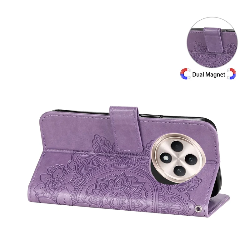 Para o Oppo Reno12 F 5G, Capa de Couro com Flor e Suporte para Carteira - Roxo