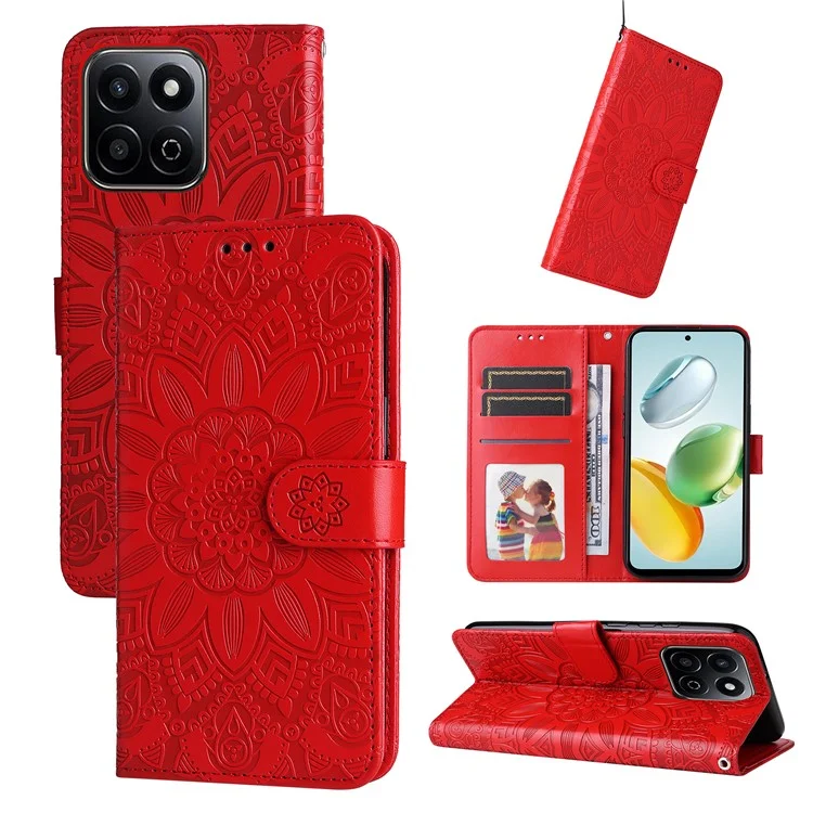 For Honor Play 60 Plus 5G Case Sunflower Imprint Leather Wallet Phone Cover - Red
