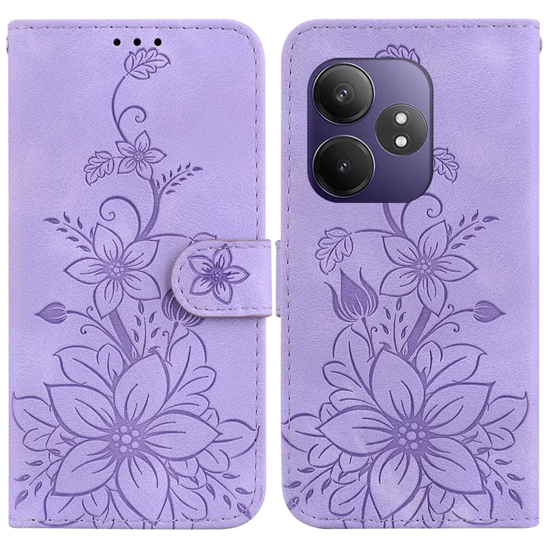 For Realme GT Neo6 SE 5G / GT 6 5G / 6T 5G / Neo6 5G Leather Case Lily Flower Imprint Phone Cover with Stand - Purple