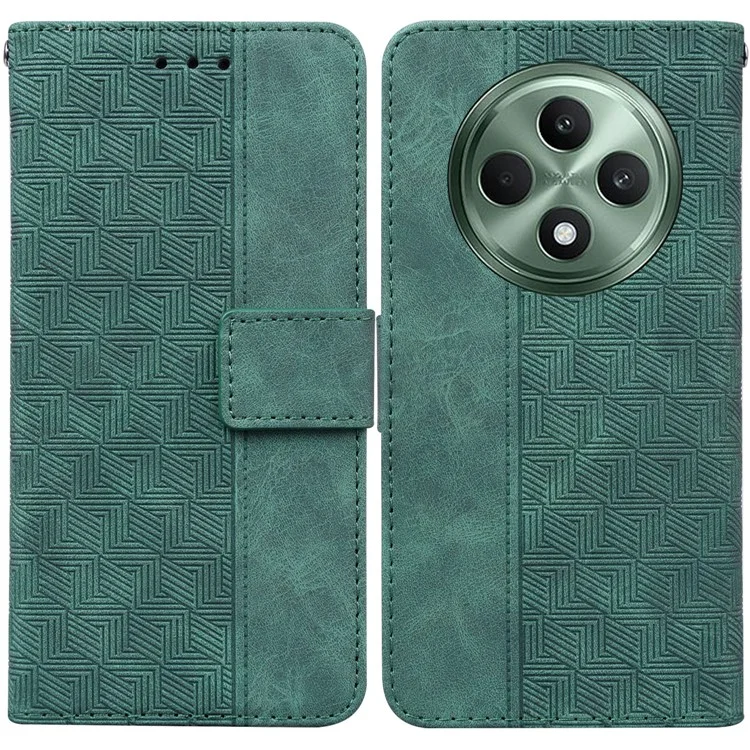 For Oppo Reno12 F 5G Case Geometry Pattern Leather Wallet Phone Cover - Green