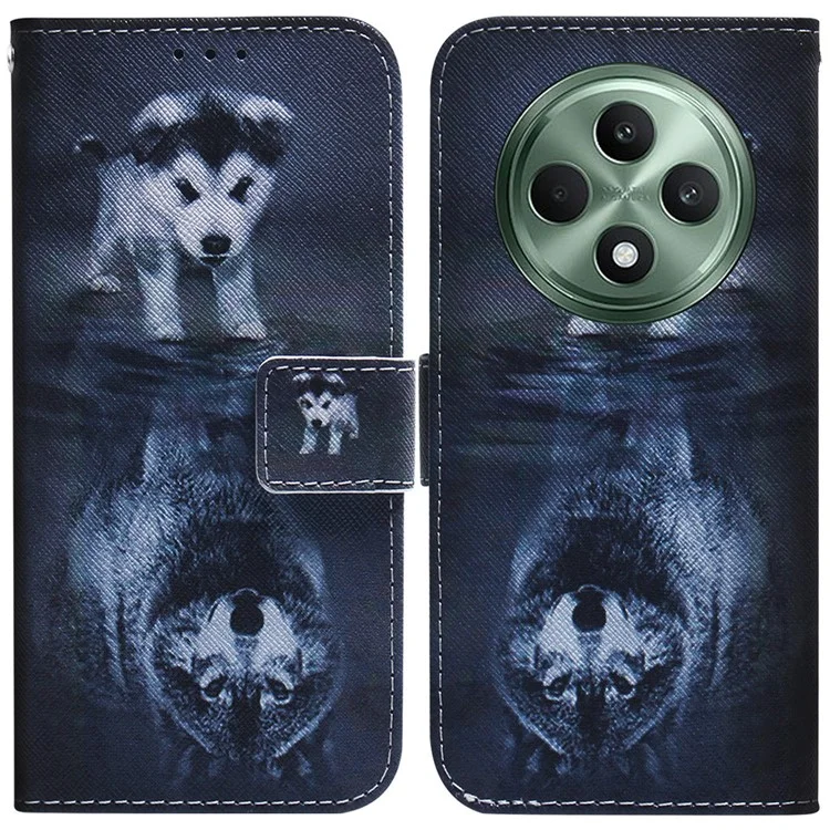For Oppo Reno12 F 5G Shockproof Case Pattern Print Leather Wallet Phone Cover - Dog and Wolf