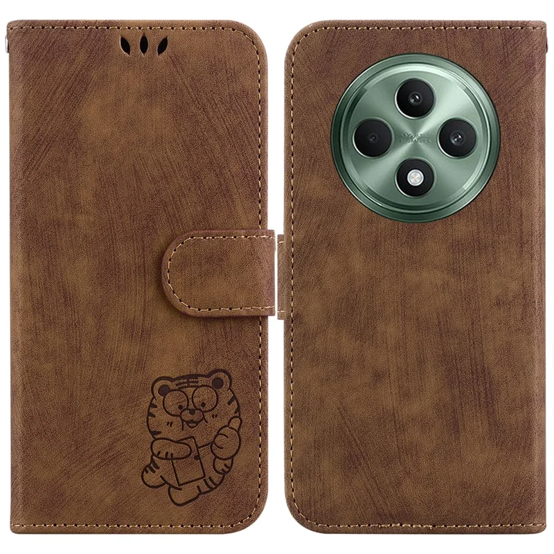 Para Oppo Reno12 F 5G Protective Case Tiger Imprint Leather Wallet Phone Cover - Marrom