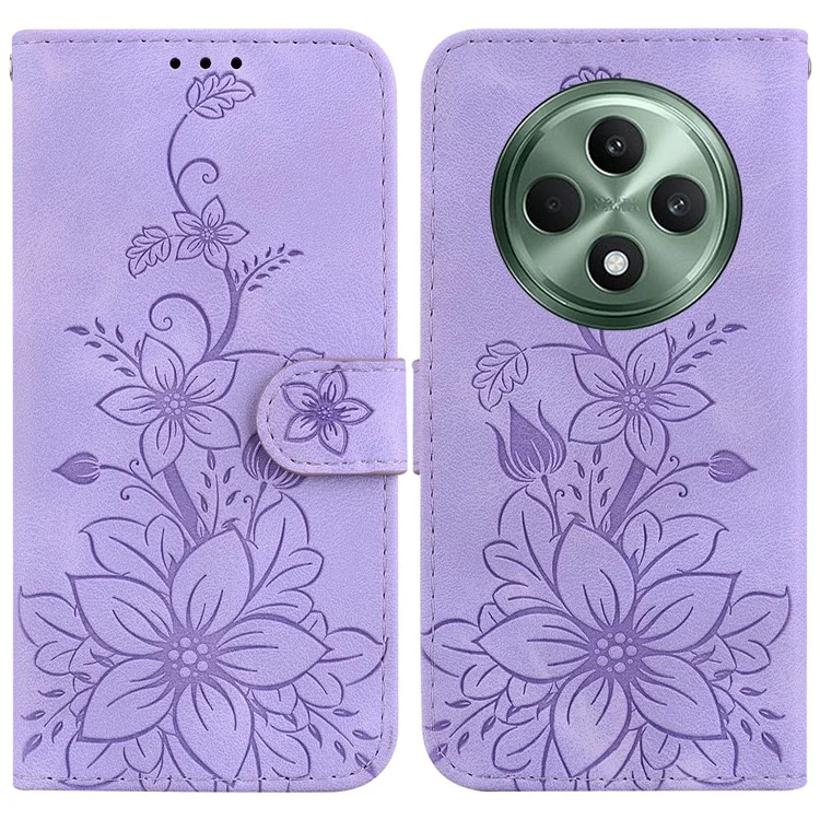 Pour Oppo Reno12 F 5G Étui Lily Flower Imprint Leather Phone Cover avec Support - Violet