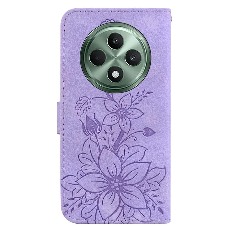 Pour Oppo Reno12 F 5G Étui Lily Flower Imprint Leather Phone Cover avec Support - Violet