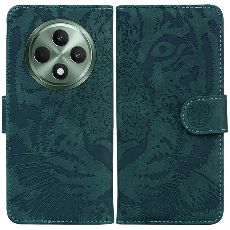 Para Oppo Reno12 F 5G Carteira Case Impressão de Tigre Couro Folio Flip Phone Cover - Verde