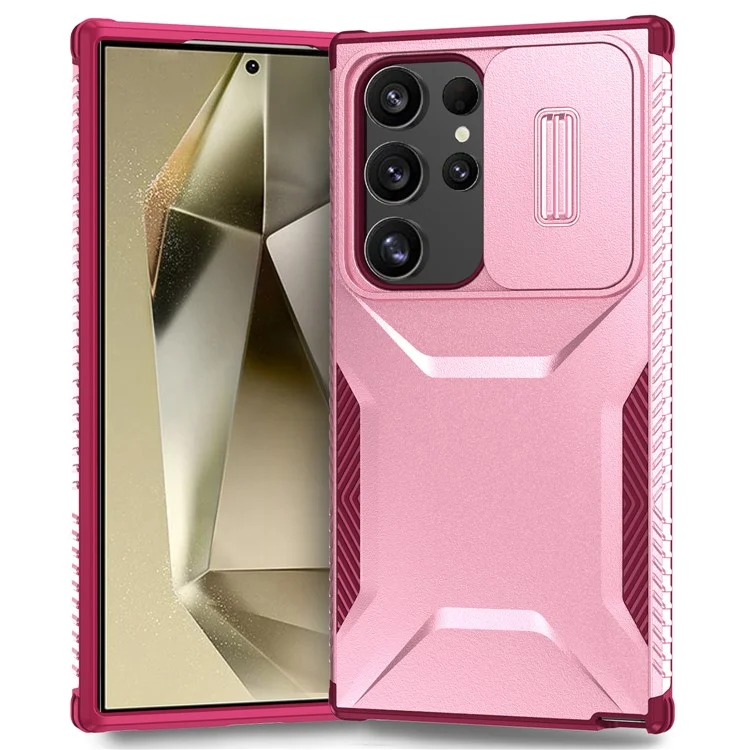 For Samsung Galaxy S24 Ultra Case with Slide Camera Guard PC+TPU Anti-Slip Phone Cover - Pink / Wine Red