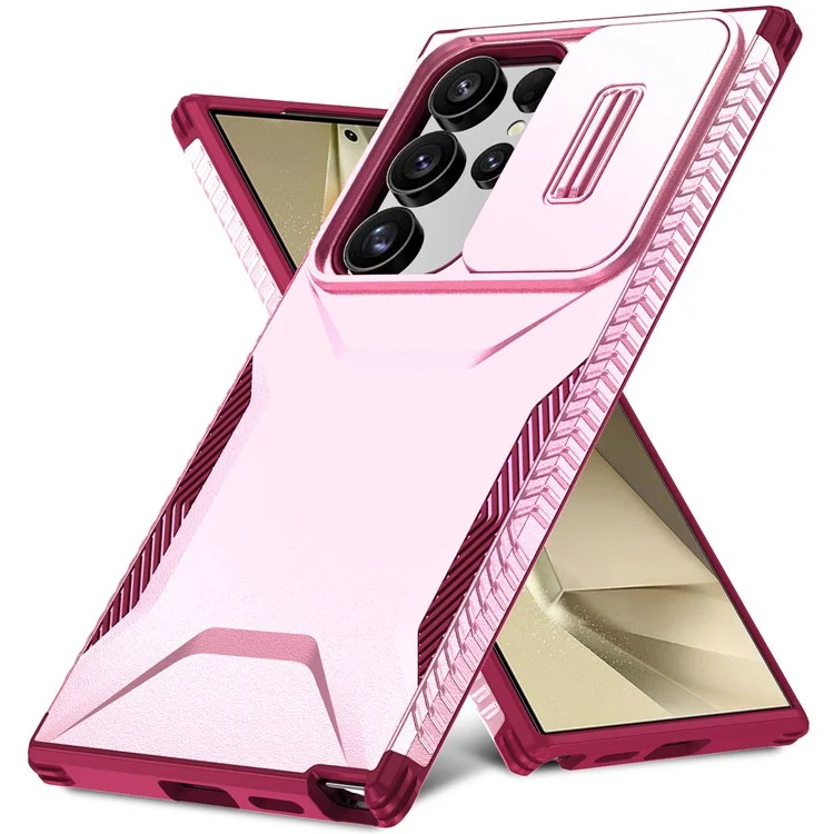 For Samsung Galaxy S24 Ultra Case with Slide Camera Guard PC+TPU Anti-Slip Phone Cover - Pink / Wine Red