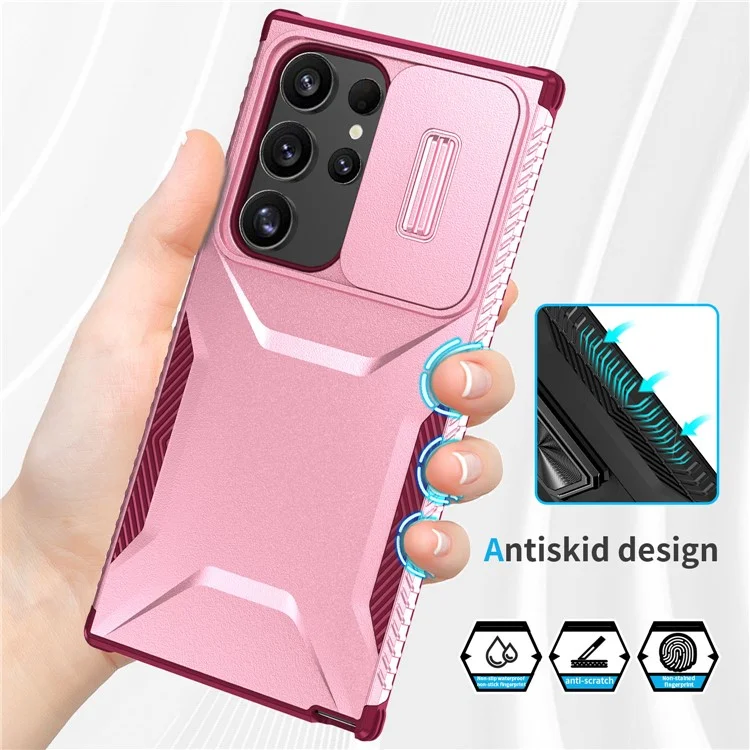 For Samsung Galaxy S24 Ultra Case with Slide Camera Guard PC+TPU Anti-Slip Phone Cover - Pink / Wine Red