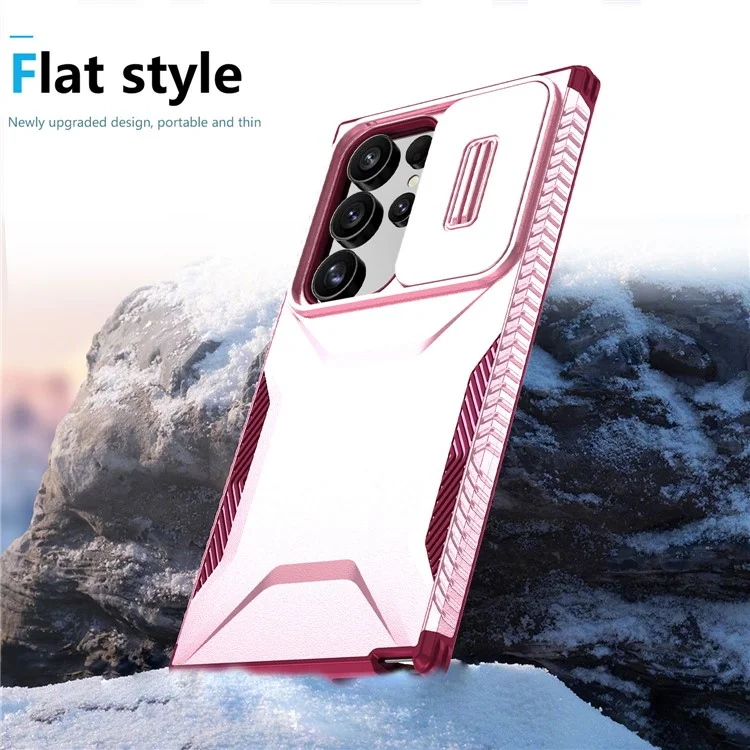 For Samsung Galaxy S24 Ultra Case with Slide Camera Guard PC+TPU Anti-Slip Phone Cover - Pink / Wine Red